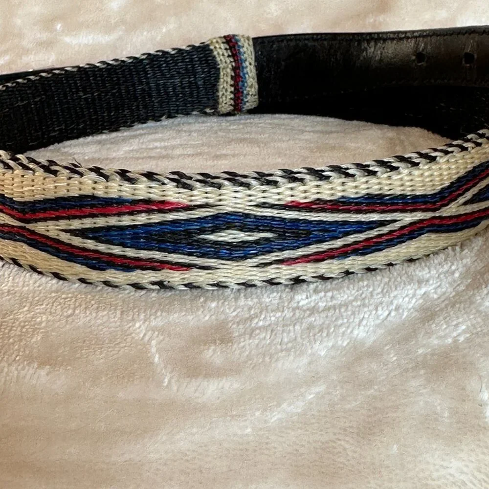Southwestern Brass Buckle Woven Black Leather Strap Belt Women's 30